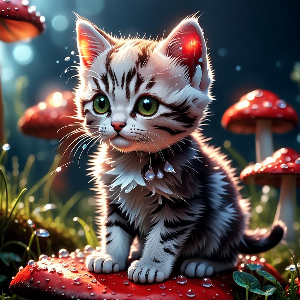 Cute kitten around mushrooms