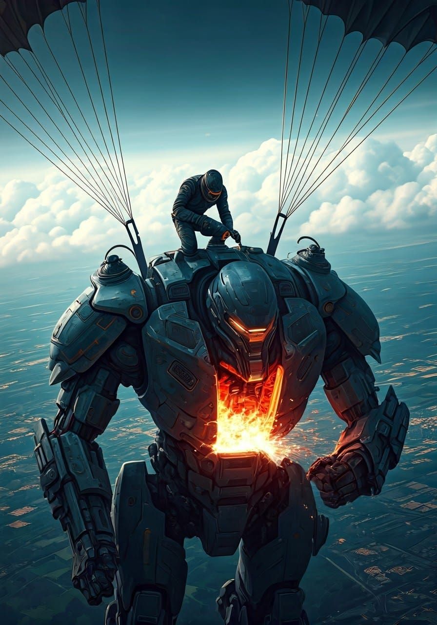 Humanoid Mech Parachute Repair: Overhead Close-Up