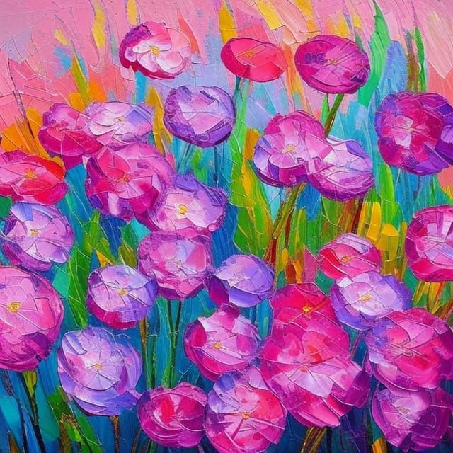 Pink Magical Flowers in Expressionist Oil Painting