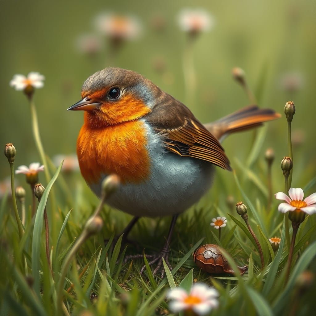 Robin in Meadow, Whimsical Digital Painting