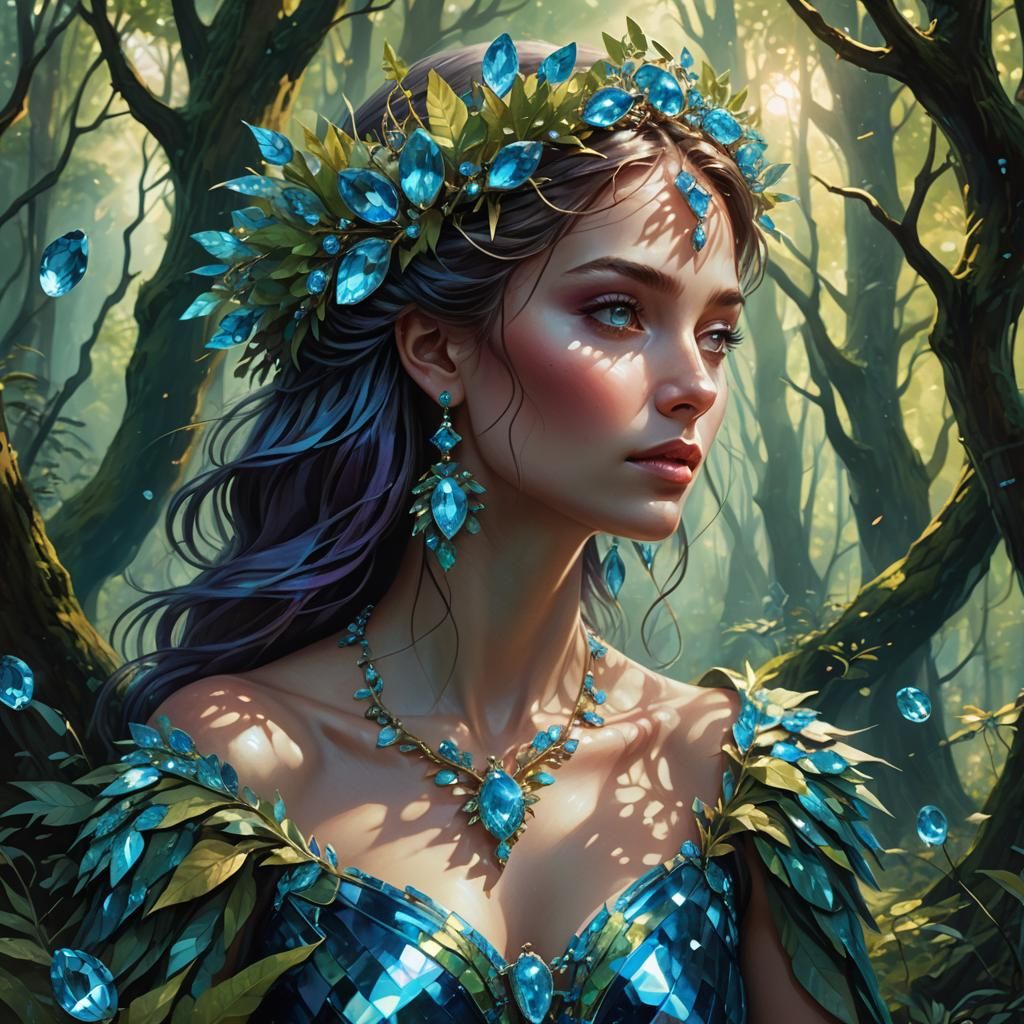Blue Topaz Stone Lady in Forest, Fantasy Art