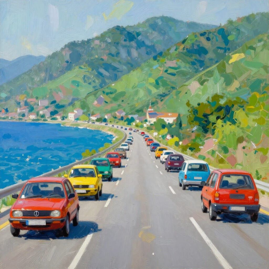 Colorful Highway Scene with Sea and Mountains in Wet Paintin...