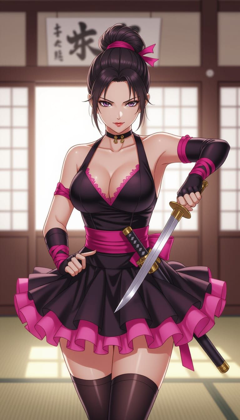 Ballerina Ninja Wielding Dagger in Japanese Dojo