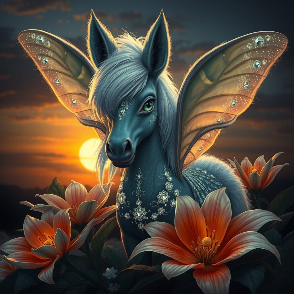 Hybrid Welsh Pony Moth Creature in Glowing Flower Field