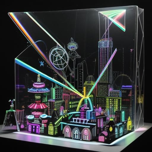 Surreal Rayograph with Fairy and Neon Cityscape