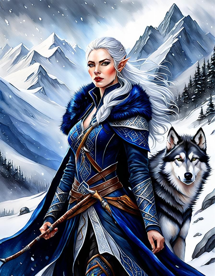 Elven Archer Huntress with Husky in Snowy Landscape