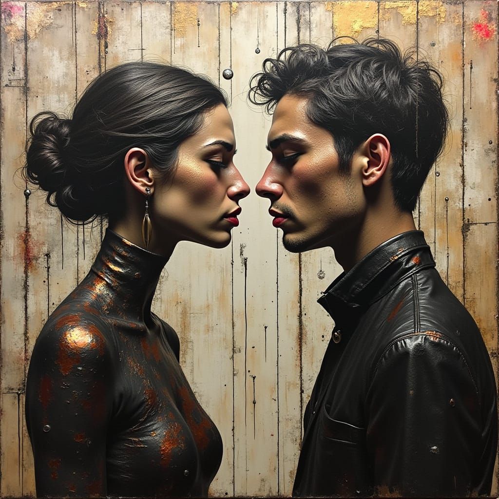 Collage Portrait in Encaustic Style with Metallic Elements