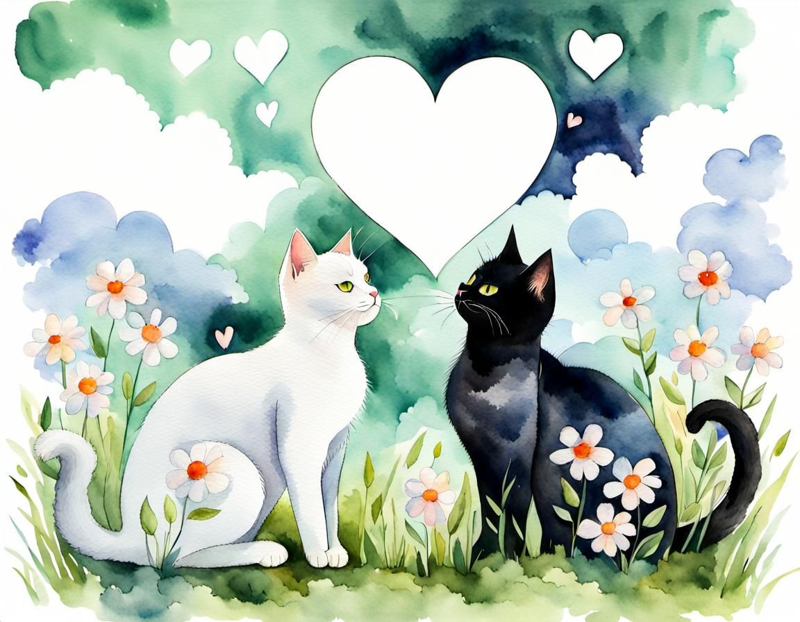 Cats in Love: Watercolor Art with Heart Clouds