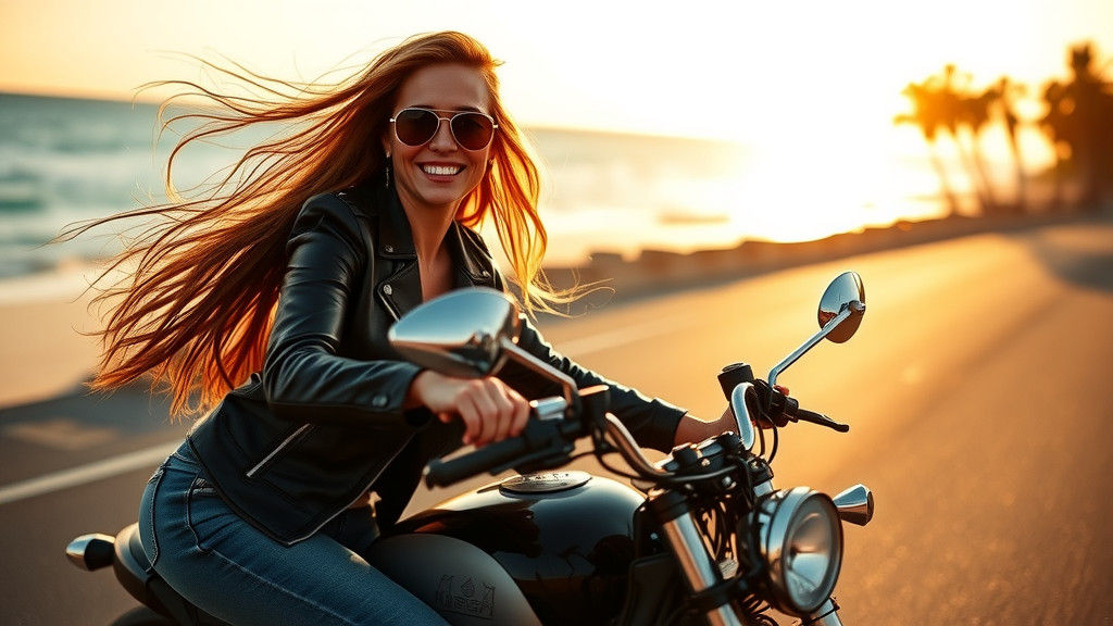 Woman Rides Motorcycle on Beach in Cinematic Style