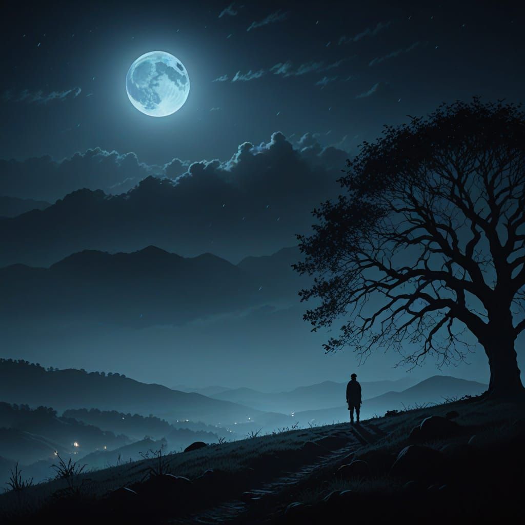 Moonlit Figure on Hill in Dreamy Digital Painting