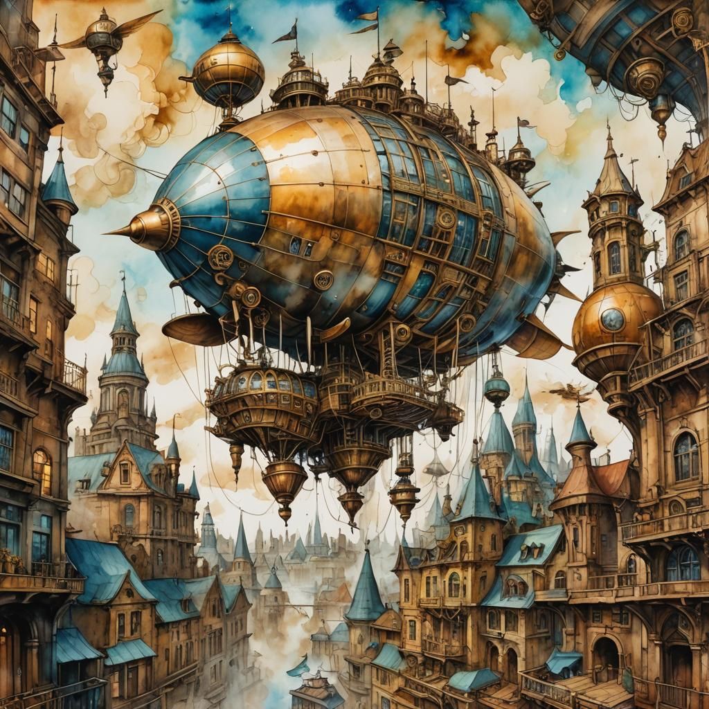 Steampunk Cityscape with Bouquet Airship in Watercolor