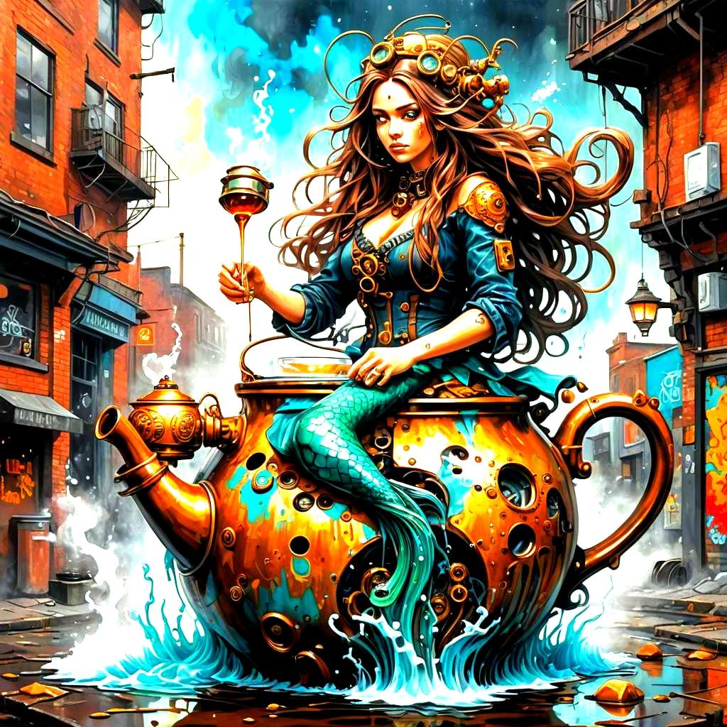 Mermaid Teapot in Graffiti Splash Art Style