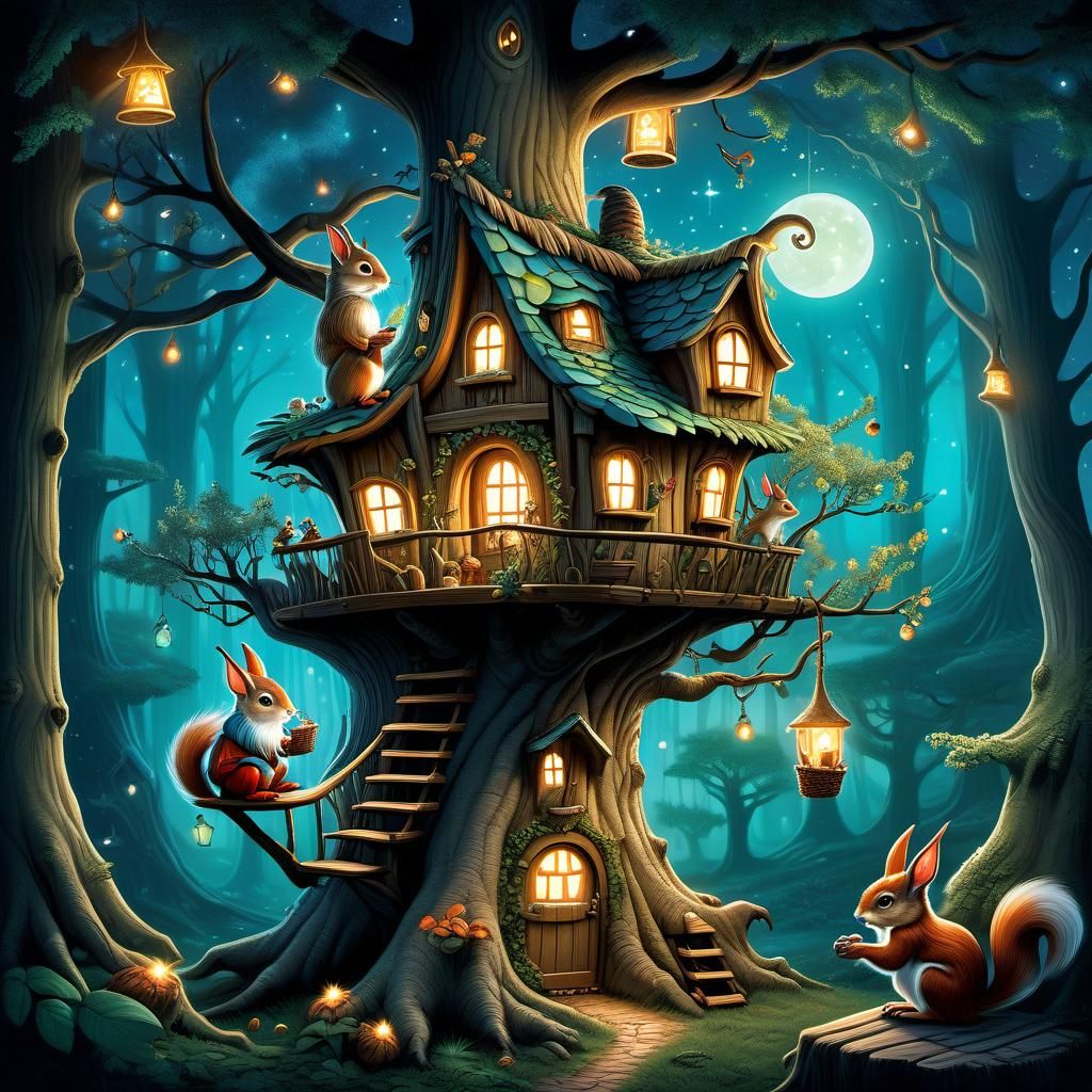 a treehouse nestled in a sturdy tree, in an enchanted mystical forest.