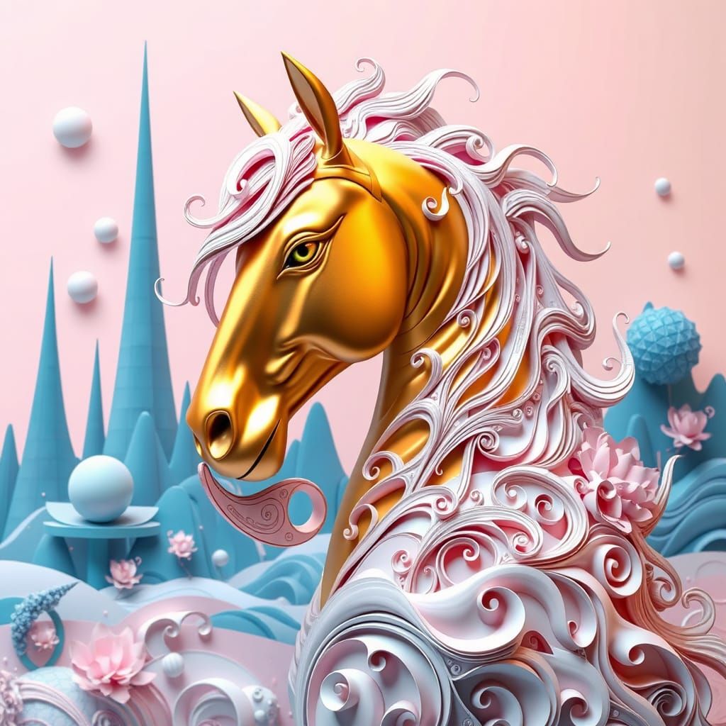 Surreal Futuristic Horse Sculpture in Soft Pastel Colors