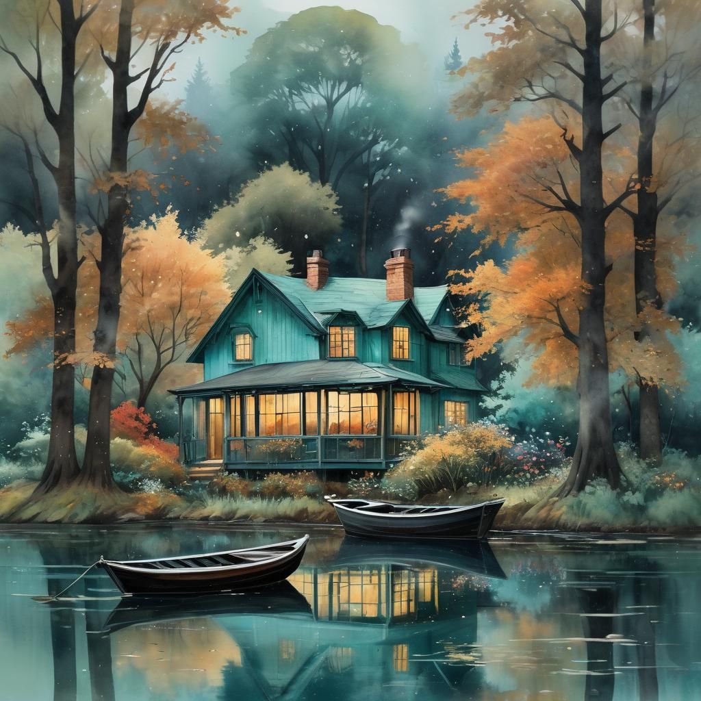 Watercolor House with Autumn Foliage and Reflections