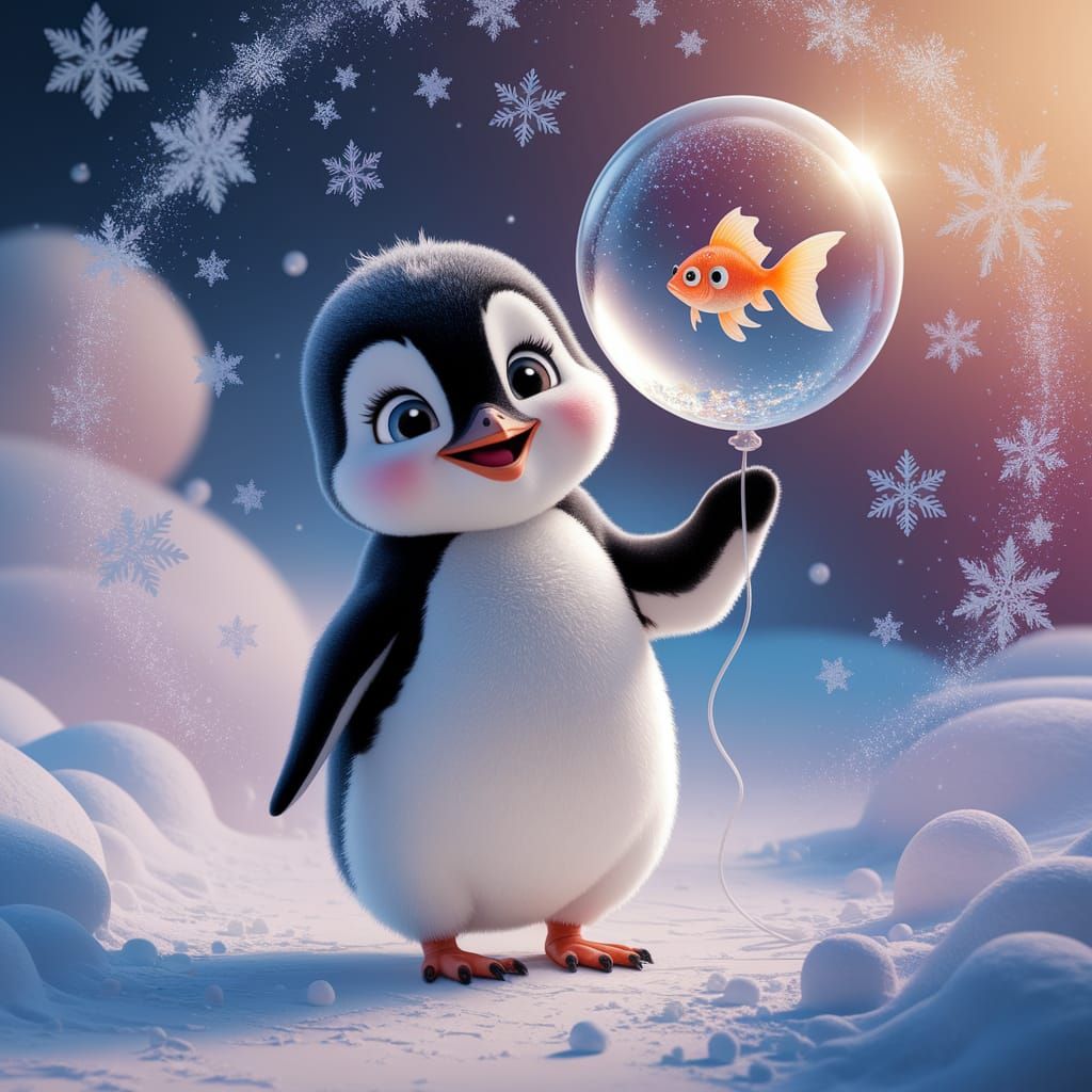 Joyful Penguin Holds Water Balloon With Goldfish