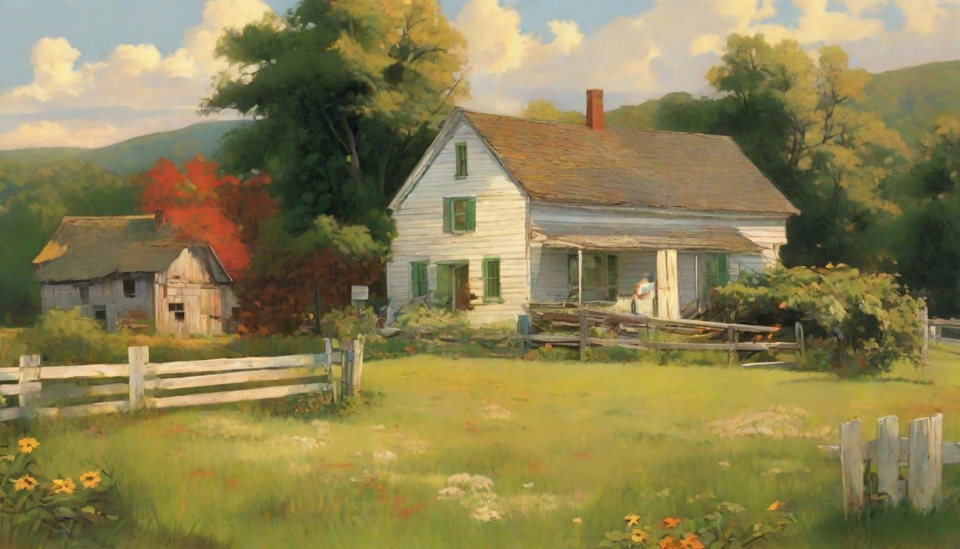Idyllic New England Farm Scene in Classic Illustration Style