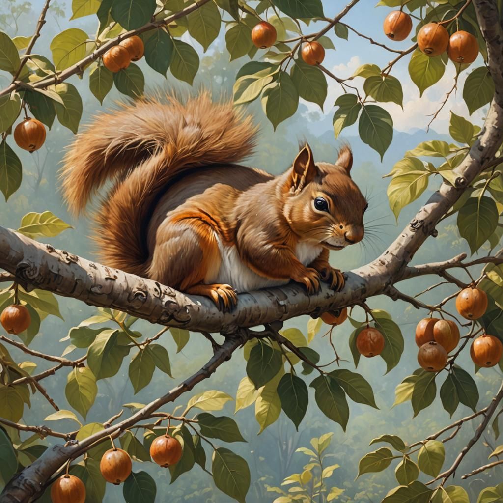 Squirrel Sleeping on Branch in Oil Painting Style