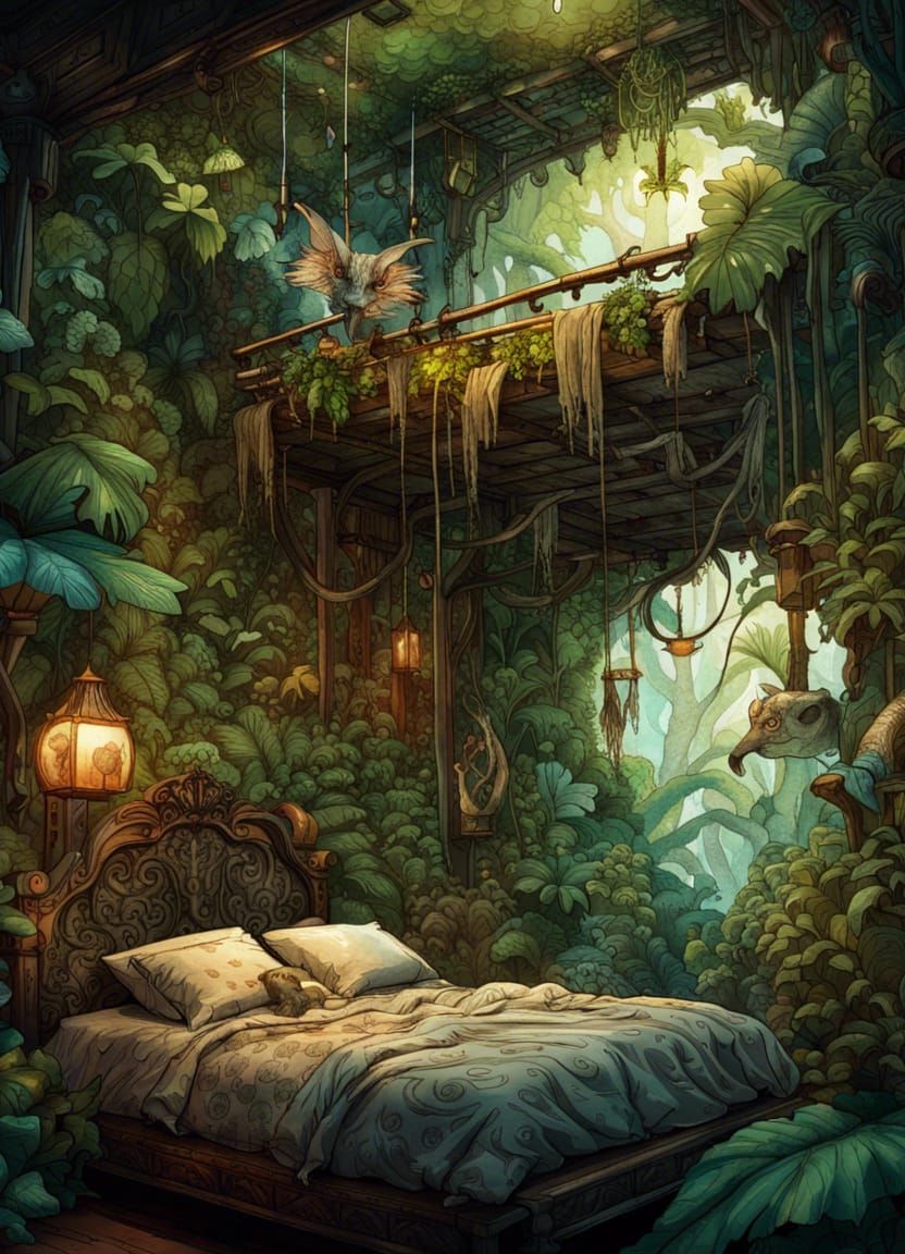Jungle Canopy Bedroom: Intricate Ink Illustration
