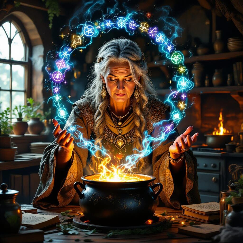 Wise Sorceress Conjures Magic in Rustic Kitchen