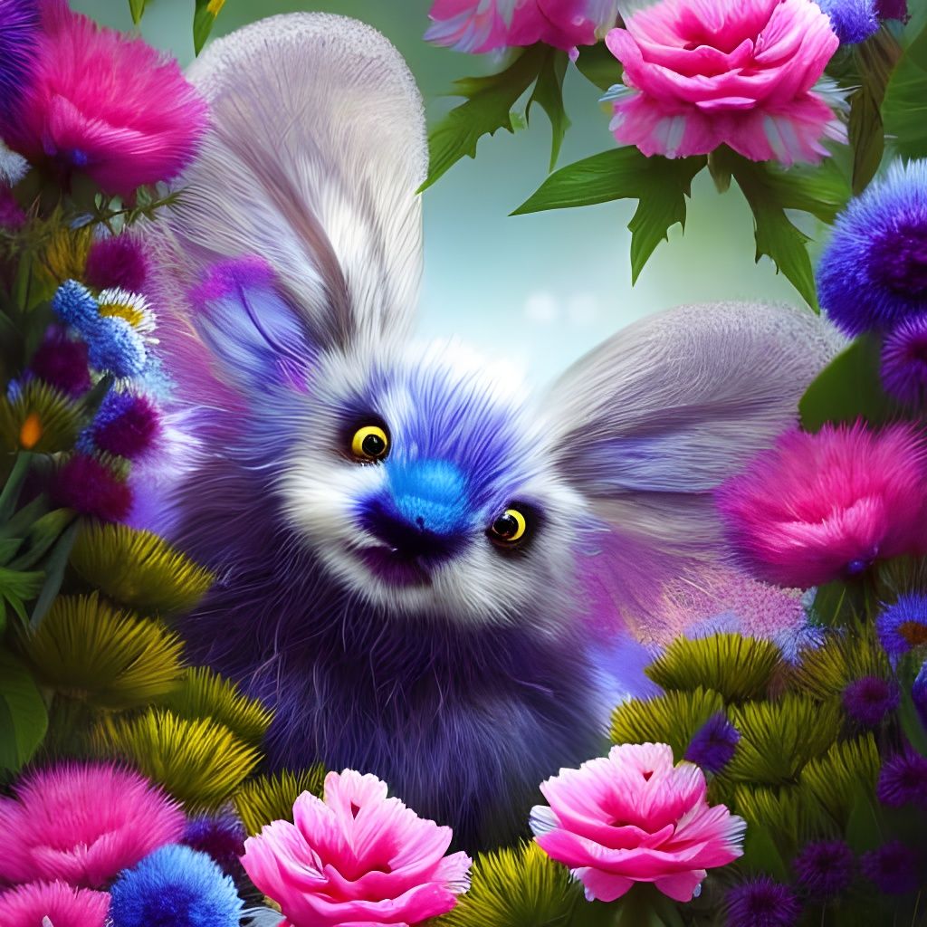 Kawaii Wolpertinger Among Dandelions and Roses