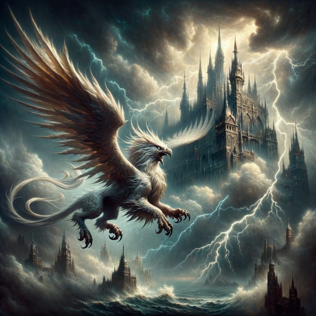 Griffin Soaring Over Gothic Castle in Stormy Sky
