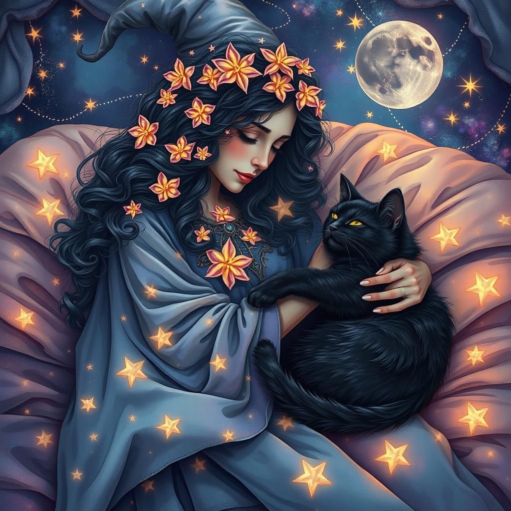 Cosmic Witch Snuggling Black Cat in Holographic Art