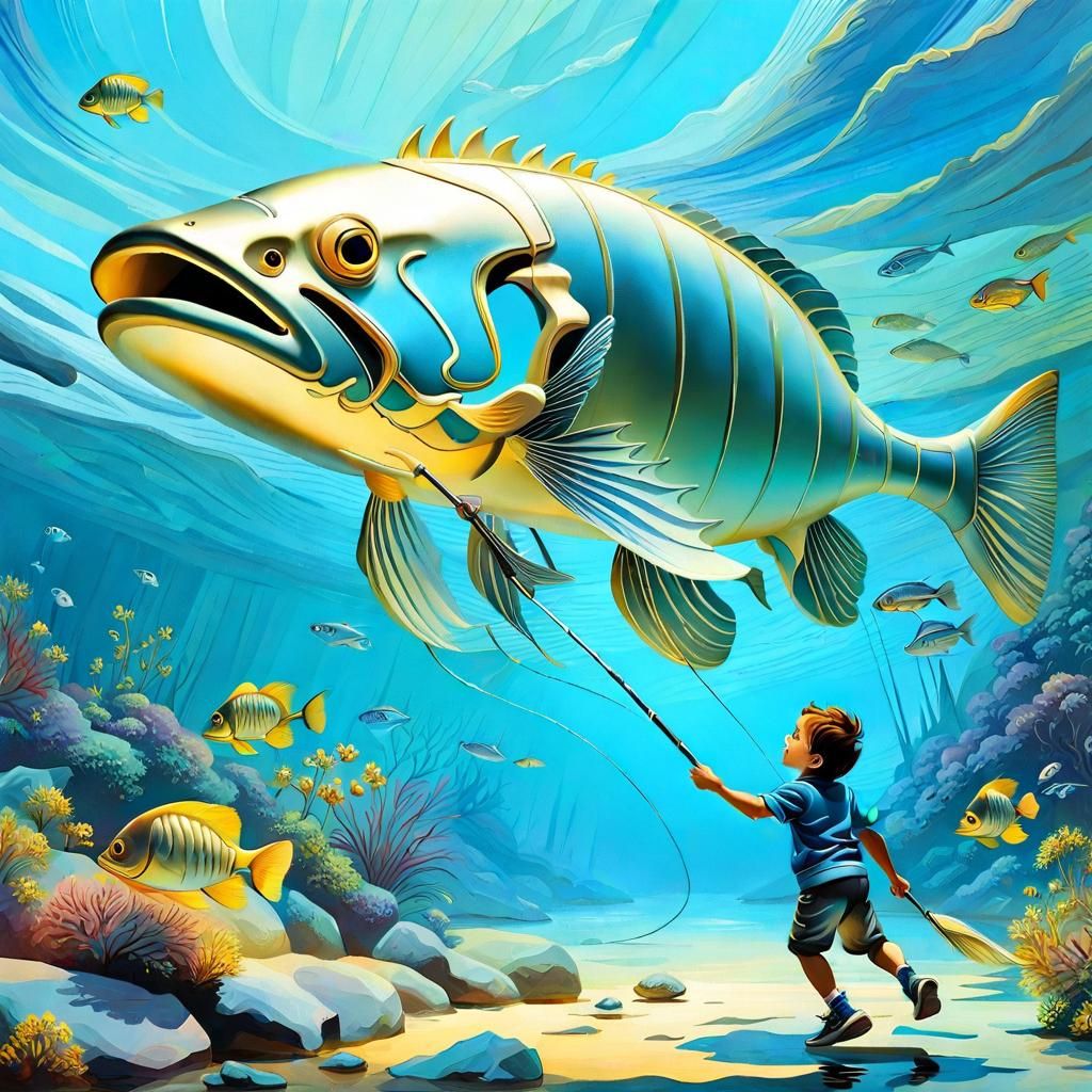 Child Reels in a Surreal Skeleton Fish in a Melting River La...