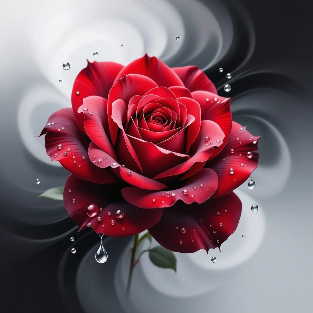 Red Rose with Raindrop in Photorealistic Style