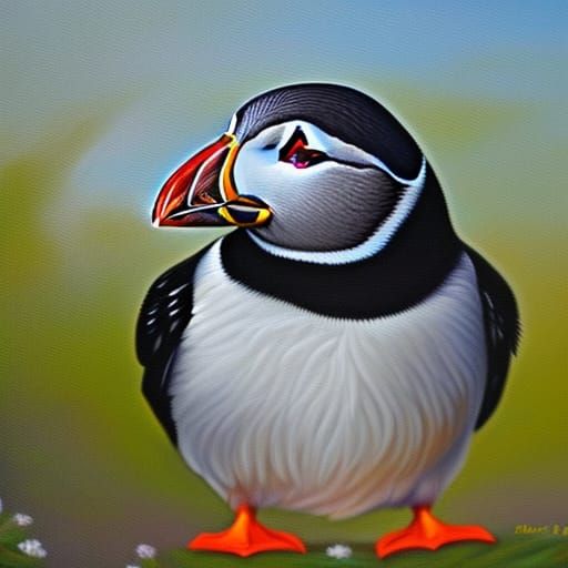 Detailed Oil Painting of an Adorable Puffin