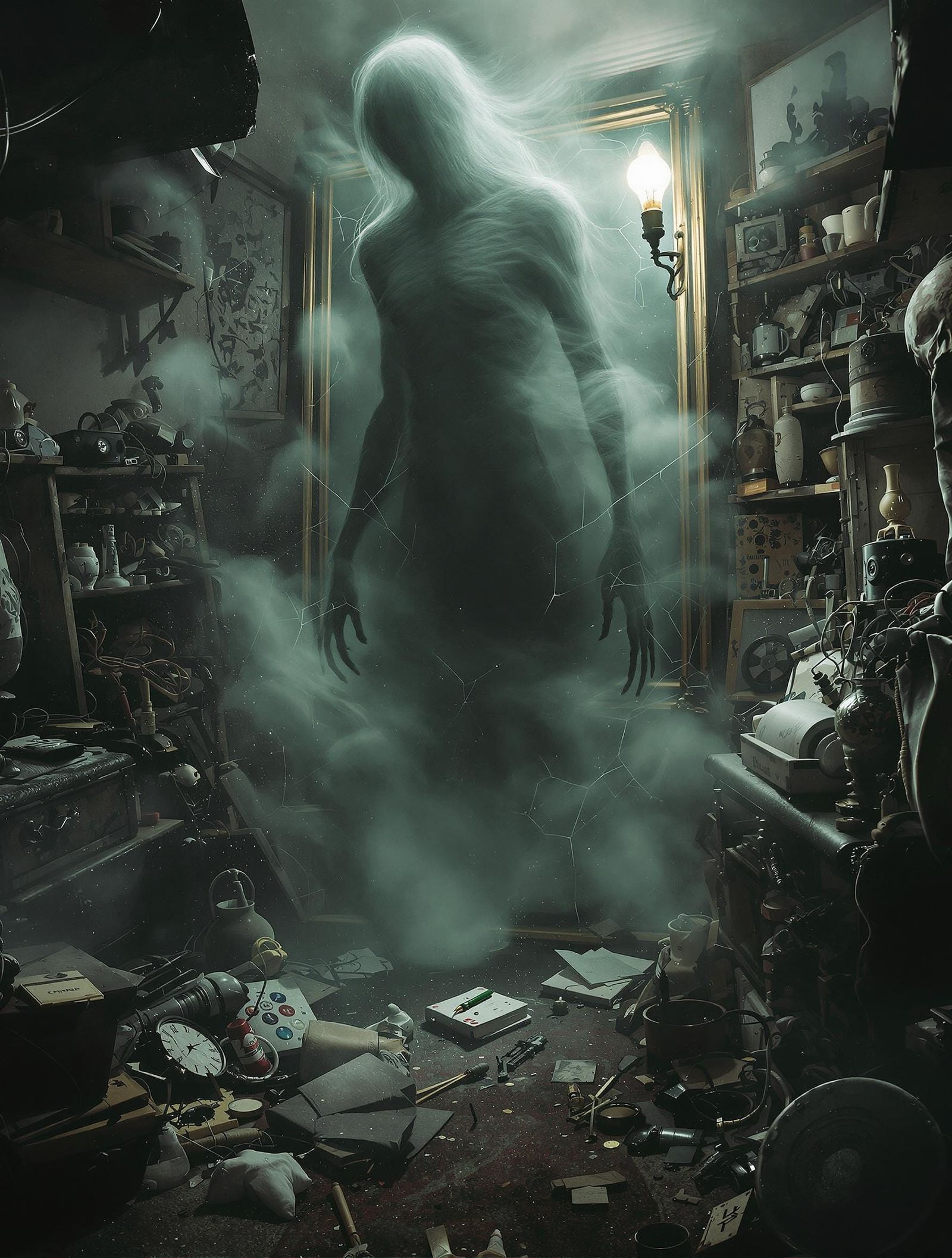 Surreal Fractal Attic Scene with Shadowy Figure Emerging fro...