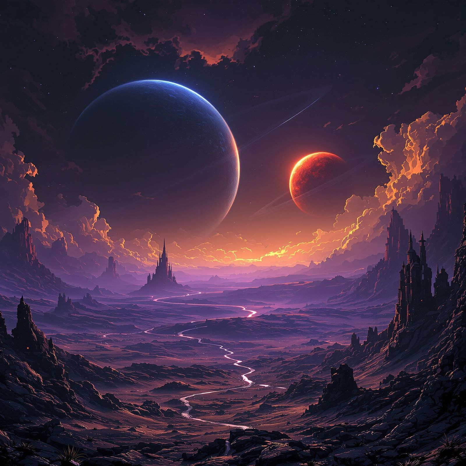 Alien World with Twin Suns in Science Fantasy Style