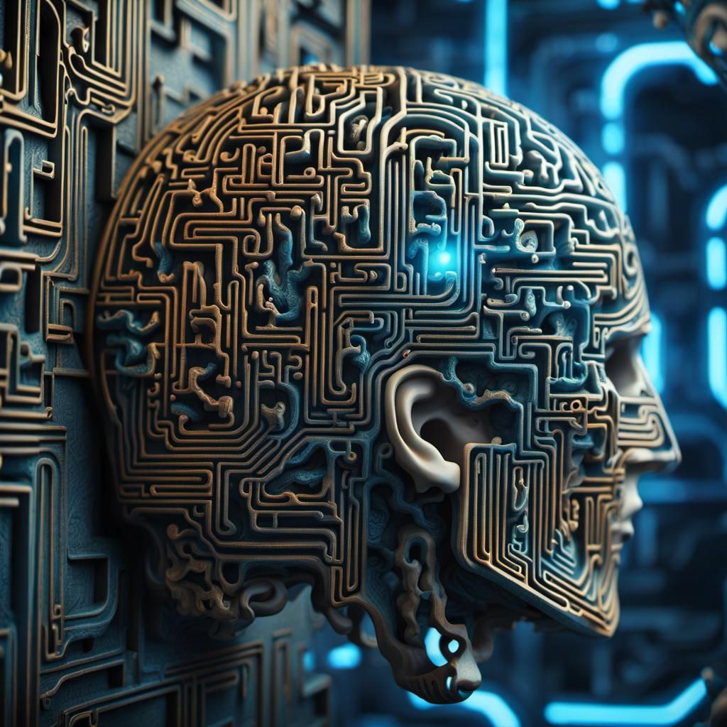 Cyberpunk Brain Maze with Mystical Symbols