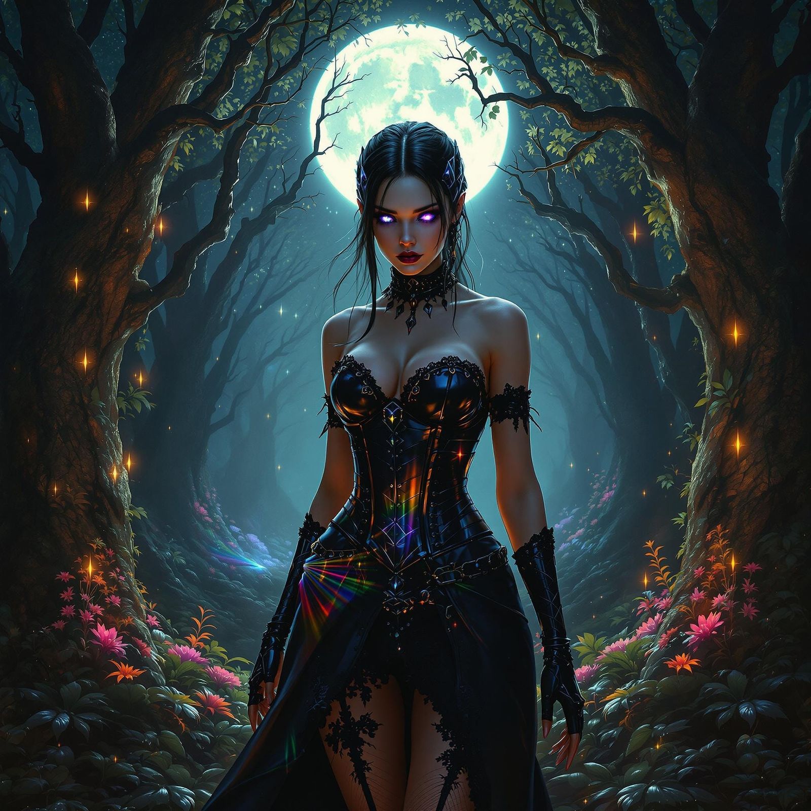 Gothic Android Huntress in Moonlit Forest