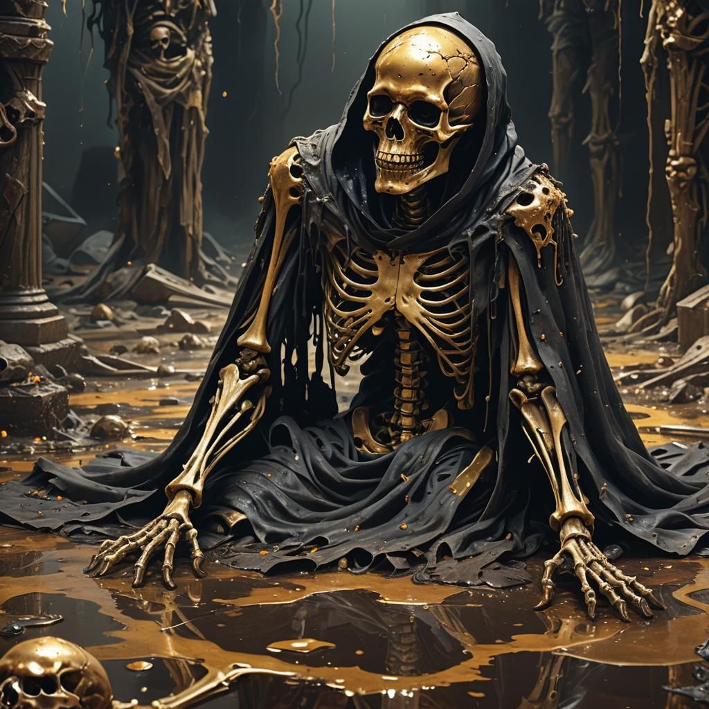 Cloaked Skeleton Melts in Dark Fantasy Illustration