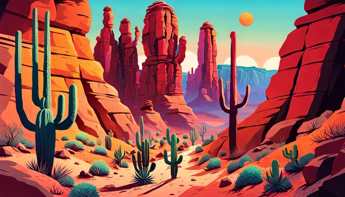 Humanoid Cacti Family in Desert Canyon at Sunset