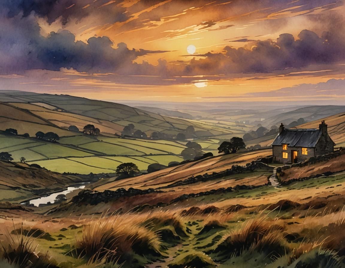 Yorkshire Moor at Twilight in Watercolor Style