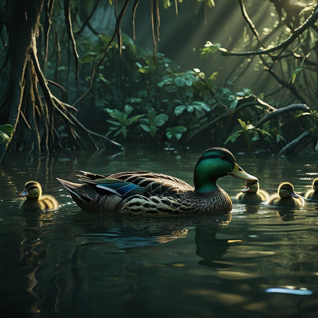 Mother Duck and Ducklings in a Tropical Sunset Scene