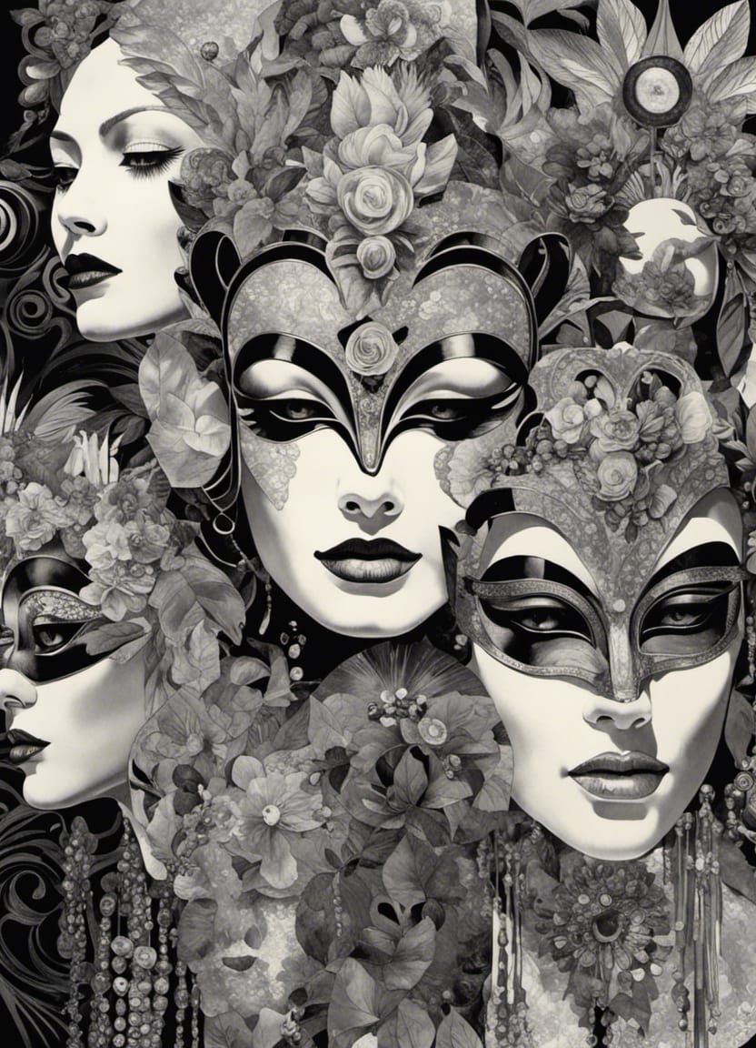 Bohemian Masks in German Expressionist Collage Style