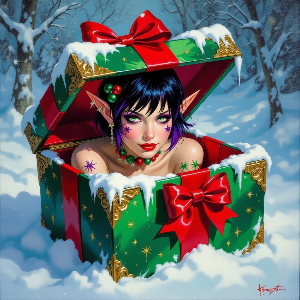 Elf Emerges from Christmas Present: Fantasy Oil Painting