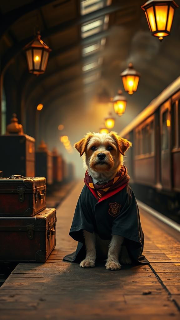 Dog Cosplay as Harry Potter on Hogwarts Platform