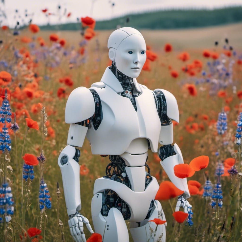 Lifelike Robot Man Embracing Figure in Wildflower Field