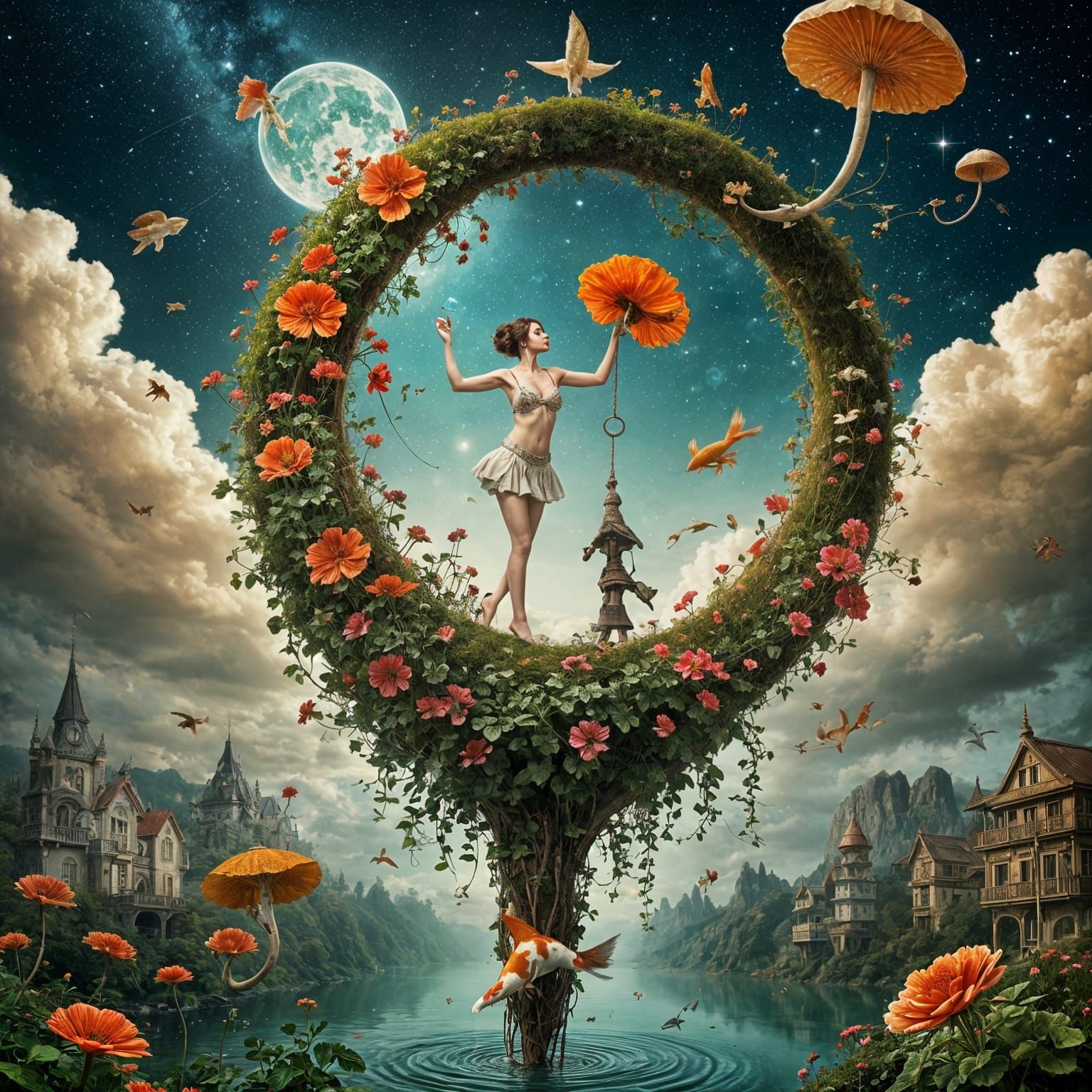 Goddess Climbing Koi to Peace Symbol