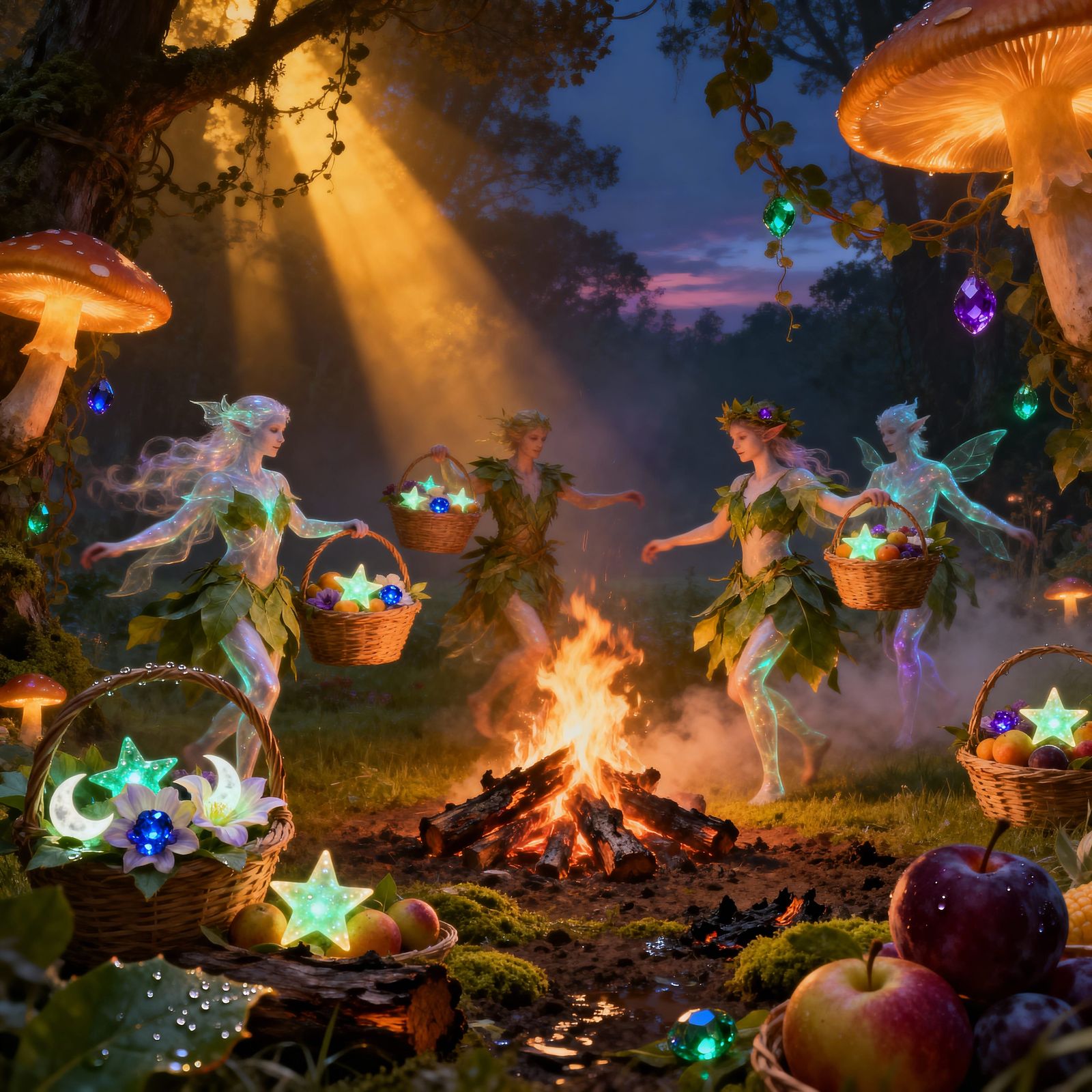 Ethereal Beings Celebrate Harvest Festival in Magical Glade