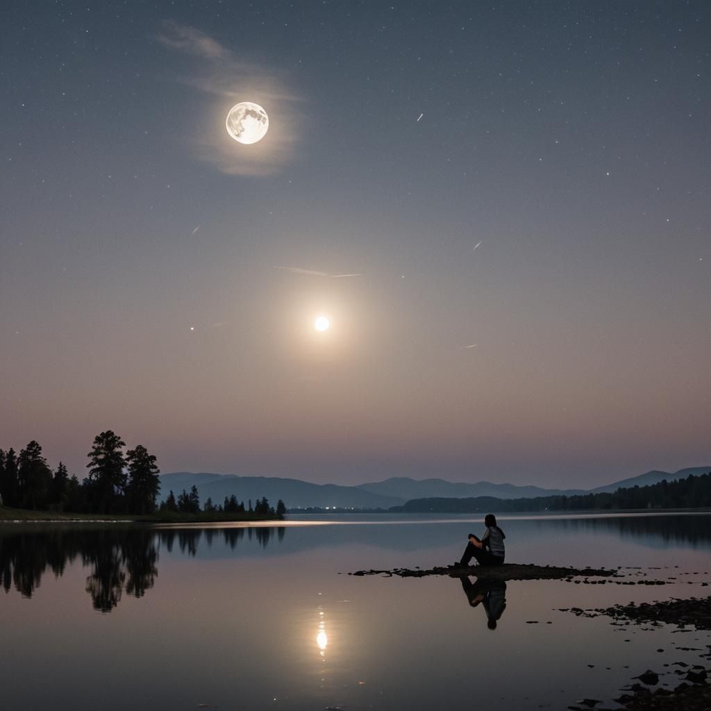 Girl and Moon Reflection on Lake Water