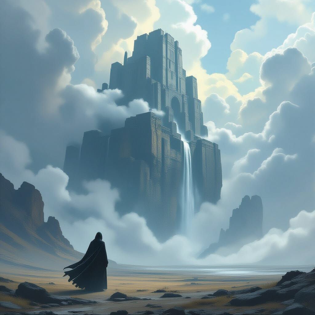 Solitary Figure Gazes at Colossal Floating Fortress