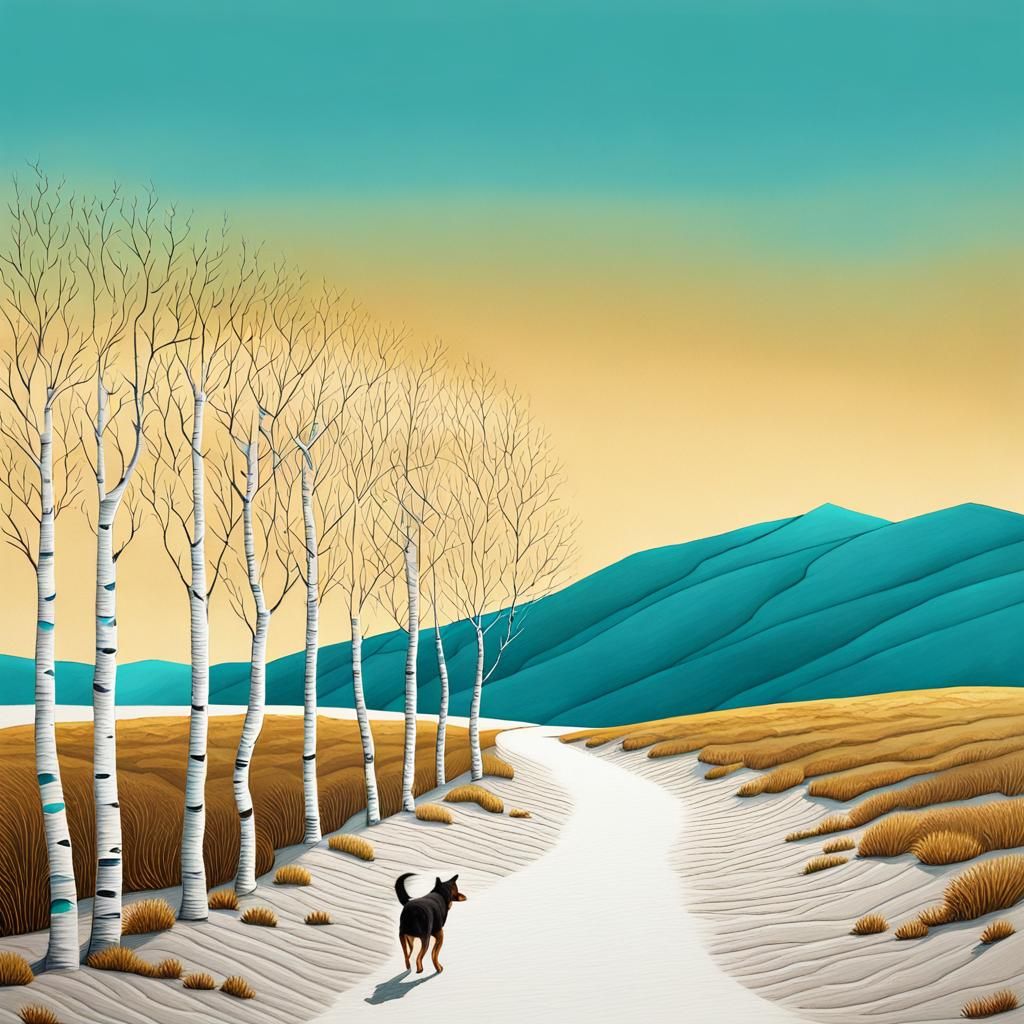 Macro Dog Walking on Beach with Golden Outlines