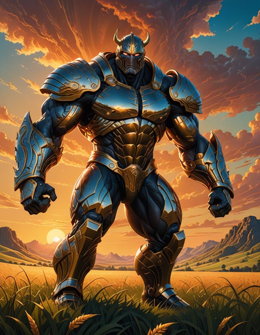 Colossal Warrior in Glowing Field: Fantasy Illustration