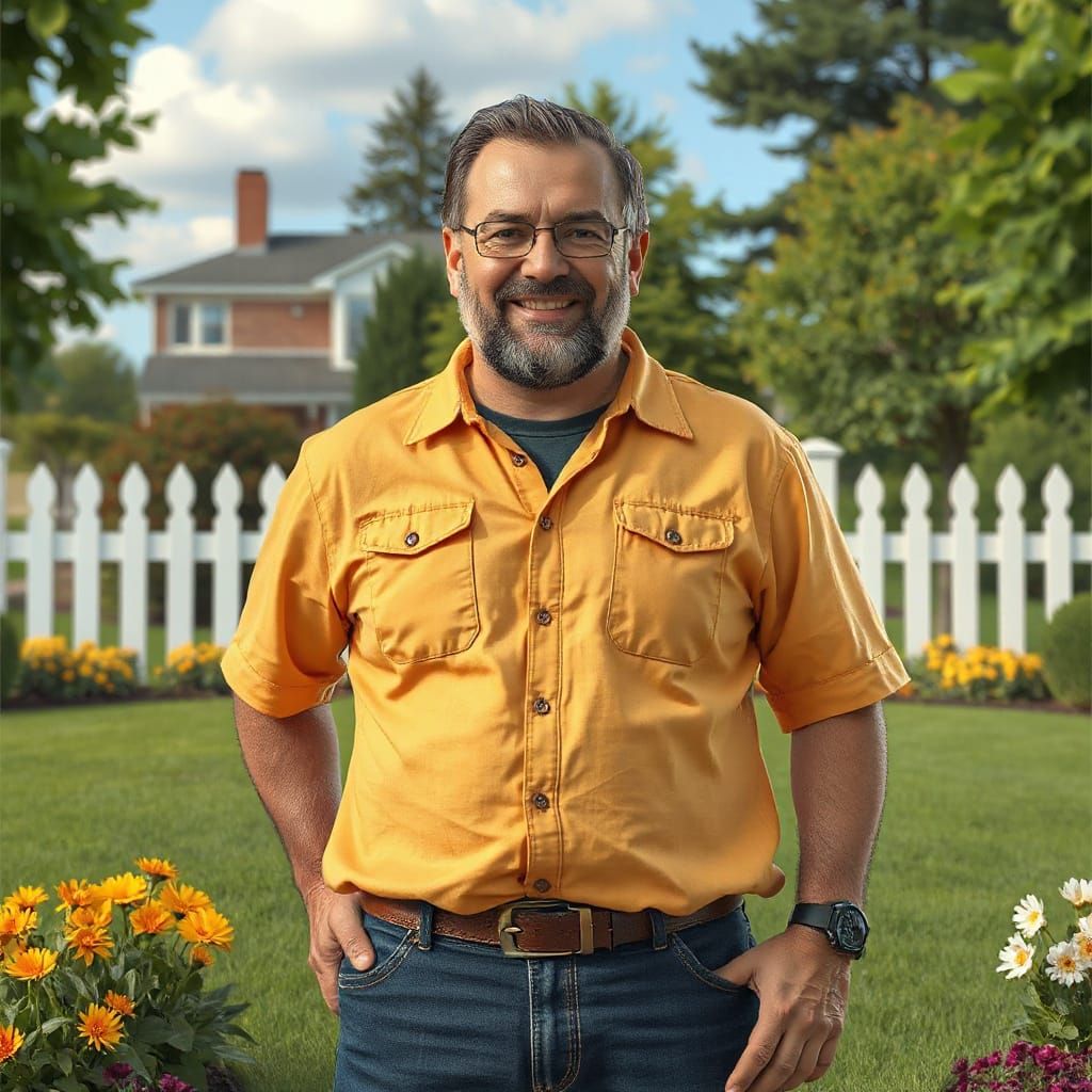 A heroic dad standing proudly in front of a perfectly mowed lawn....Happy Father’s Day! Dad Mode Activated