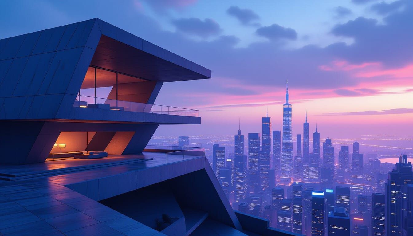 Brutalist Cityscape at Twilight, Cinematic Style